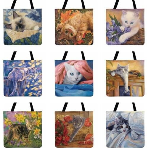 Super Cute Pastoral Cat Oil Painting Art Printed Tote Bag Women Casual Tote Ladies Shoulder Bag Outdoor Shopping Bags Beach Bag