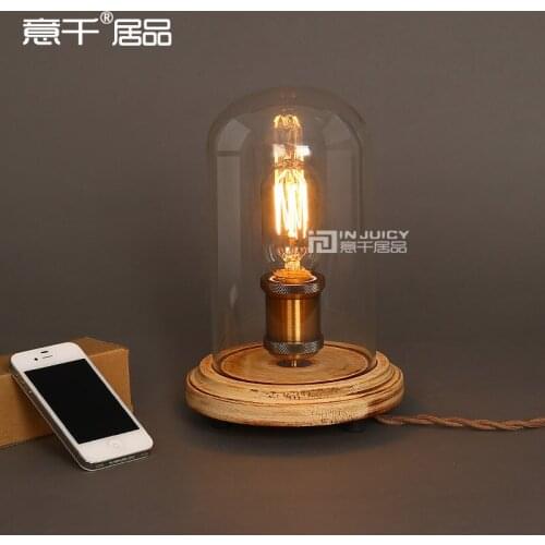 Vintage Industrial Table Light Glass Edison Bulb Wooden Desk Accent Lamp E27 Bedroom Bedside Light Cafe Bar Club Coffee Shop