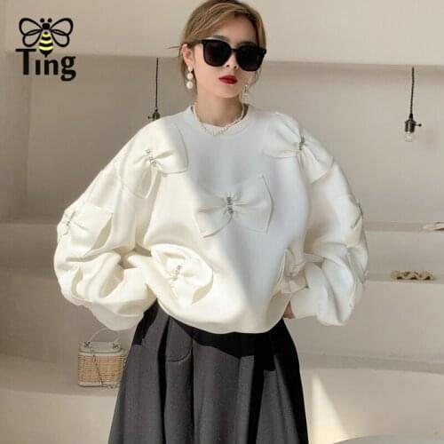 Tingfly Women Autumn Winter Casual Bow Decor Loose Tees T-shirts Streetwear Designer Fashion Long Sleeve Black White Shirts Tops