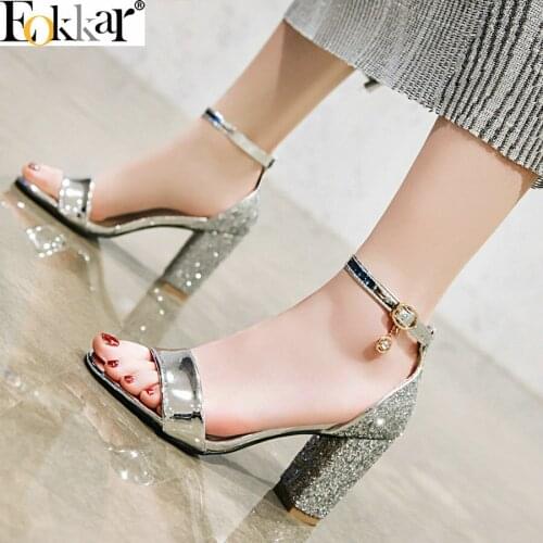 Eokkar 2019 Bling Summer Women Sandals Platform High Heels Silver Ladies Sandals Shoes Buckle Strap All Match Plus Size 34-45