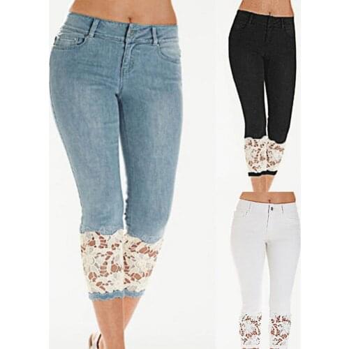 2021 Summer Capri Pants Washed Lace Stretchy Women Ladies Calf Length Mid Rise Jeans Cropped Jeans for Dating