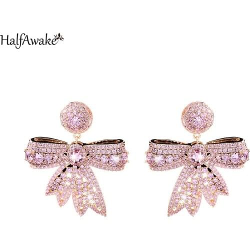 Korean Fashion Earrings Womens Micro-Inlaid Pink Zircon Atmospheric Dinner Retro 925 Silver Needle Three-Dimensional Bow