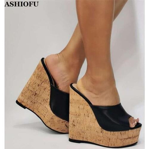 ASHIOFU 2020 New Hot-style Womens Wedge Heel Slippers Easy-wear Sexy Party Prom Dress Shoes Evening Club Fashion Slipper Shoes