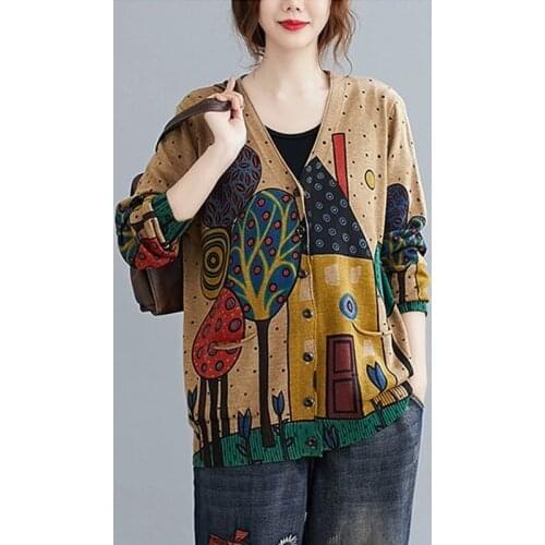 Women Autumn Cardigan Sweaters New 2021 Arts Style Vintage Print V-Neck Loose Comfortable Female Knitted Spring Outerwear