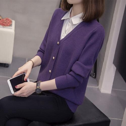 Black Purple Autumn Plus Size Ladies Knitted Top 2021 New Korean Fashion Fake 2 Piece Sweater Women Stitching Knit Tops e247