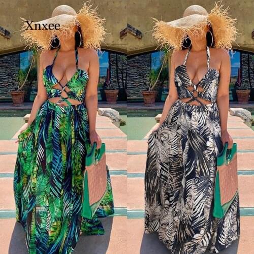 Summer Ladies Bohemian Palm Leaf Long Skirt Sexy High Slit Beach Open Back Dress Casual Sleeveless Bandage Long Dress