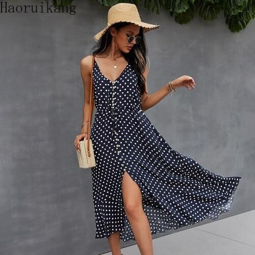 New Polka Dot Spaghetti Strap Women Dress Summer V Neck Bandage High Waist Dress