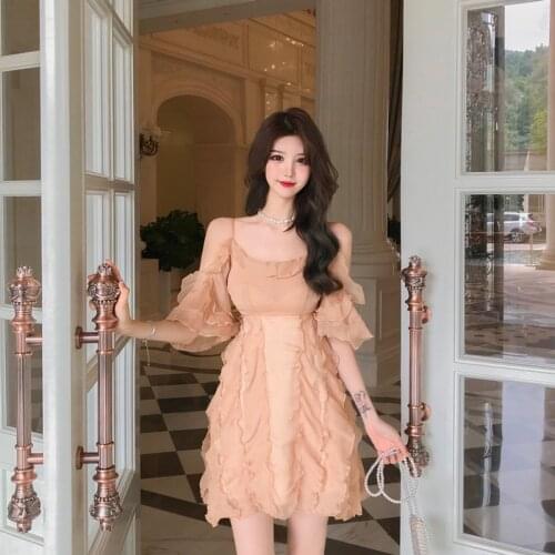 Ruffles Spaghetti Strap Dresses for Women Off Shoulder Chiffon Slash Neck Short Dress Summer Female Clothing Korean Style