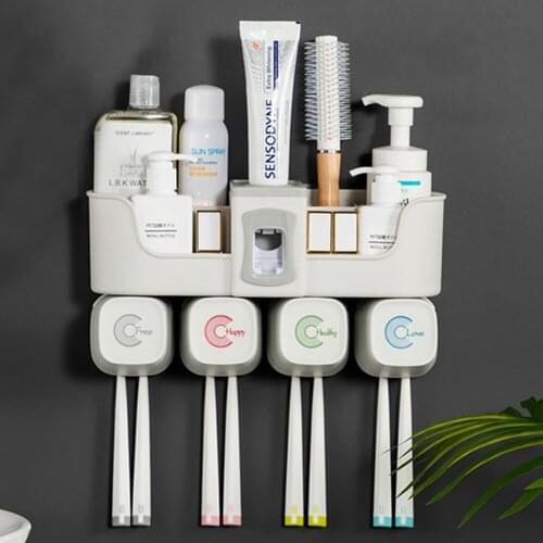Toothbrush Holder Bathroom Toiletries Storage Toothpaste Squeezing Device Set Family Wall-Mounted Toothbrush Cup Rack Artifact