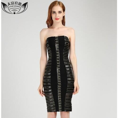 2017 Summer Women Strapless Bandage Dresses Knee Length Golden Lace Stripes Design Party Dress Sexy Ladies Black Bandage Dress