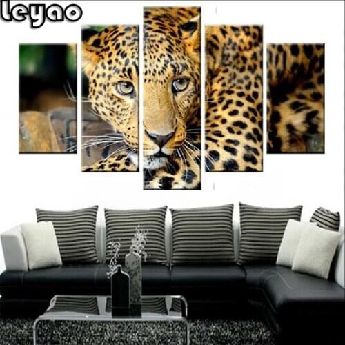 Animal Leopard 5 Piece Multi Panel Diamond painting,diamond embroidery,square,round,crafts,diy.5d,diamond mosaic