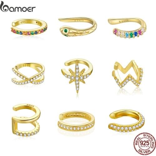 Bamoer 925 Sterling Silver 14K Gold Plated Cubic Zirconia Sparkling Huggie Ear Cuff Gold Earrings for Women | Clip On Cartilage