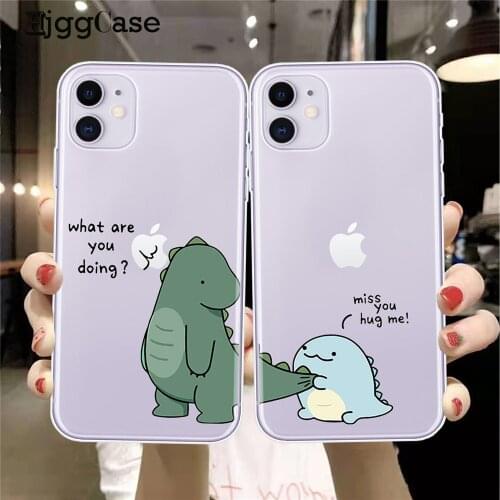 Cute Cartoon Animal Dinosaur Couple Phone Case For iPhone 11 12 Mini Pro Max X XS XR 7 8 plus SE 2020 Transparent TPU Soft Cover