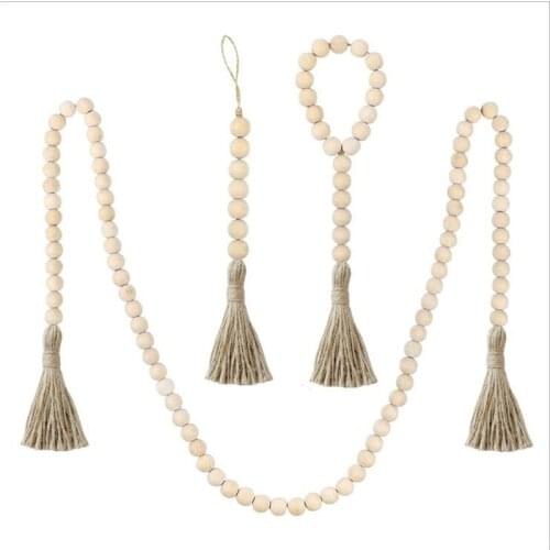 Wood Beads Garland with Tassels Set Rustic Wooden Bead Twine Tassel String Wall Hanging Ornament Vintage Country Farmhouse Decor