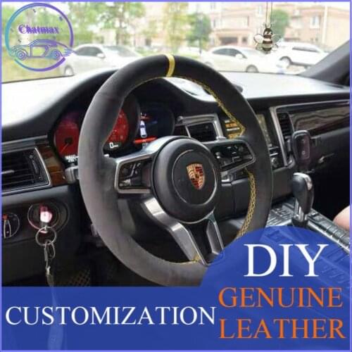For Porsche Macan Cayenne 2015-2016 Car Steering Wheel Cover Custom Made Anti-Slip Hand-Sewing Black Suede Leather Carbon DIY