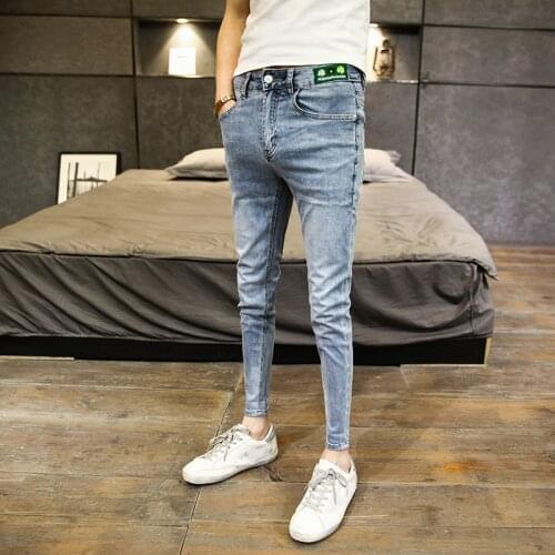 Personality Daisy Embroidered Printed Denim Jeans Trendy Mens Korean Slim Pants 2021 Summer Cropped teenager pencil Pants