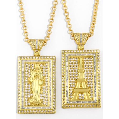 FLOLA Square Virgin Mary Necklace For Women Big Eiffel Tower Pendant Necklace CZ Religious Jewelry virgen de guadalupe nkes35