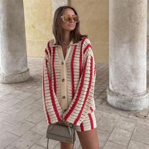 Women Autumn Winter Loose Stripe Hit Color Hollow Lapel Single-Breasted Cardigan Long-Sleeved Sweater Jacket Bag Hip Shorts Suit