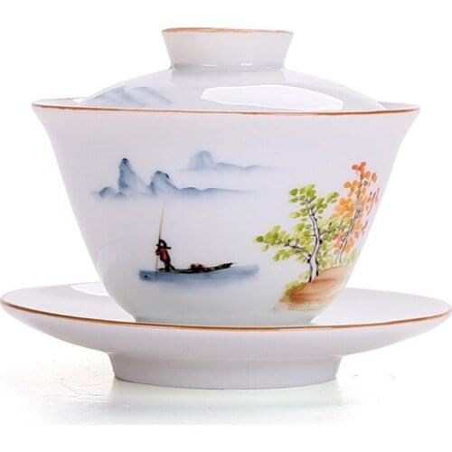 Ceramic lid bowl tea cup set Hand painted landscape painting Tea Bowl Kung Fu Tea Set Home PartyAfternoon Tea Teacup Porcelain