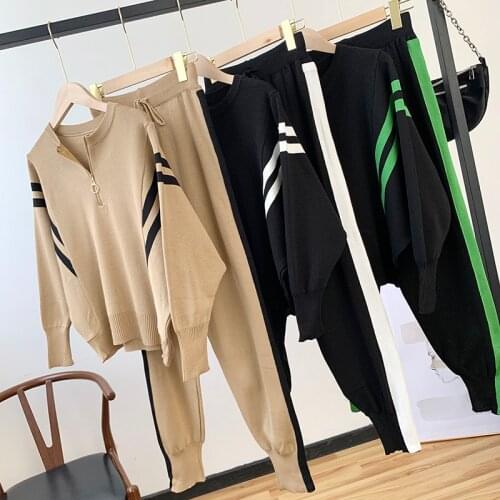 Autumn Sports and Leisure Suit Korean Version Loose Contrast Color Long-sleeved Sweater Striped Harem Pants Women Two-piece Suit