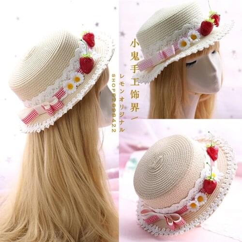 Lolita hand-made soft sister Sen Department of Pastoral bow dress everyday strawberry sun hat