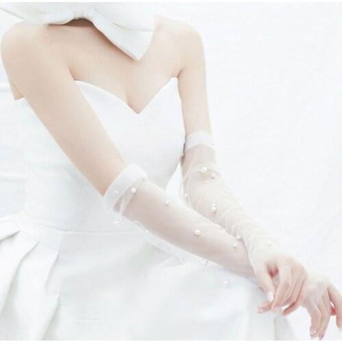 2021 New Simple Wedding Dress Gloves Bride Long Glove Photography Props Thin Section Mesh Artificial Pearl Mittens
