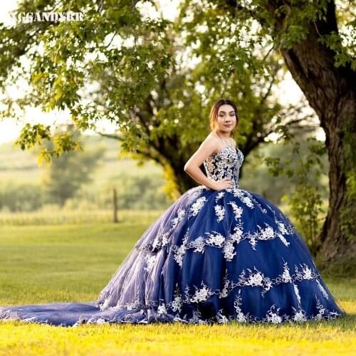 Charming Ball Gown Quinceanera Dress 2022 Tulle Appliques Long Blue Sleeveless Prom Dress Chapel Train Or Custom Made