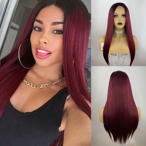 Ombre Wine Red Synthetic Hair Wig Cosplay Natural Black Long Straight Wig Heat Resistant Glueless Silky Lace Front Wigs Middle