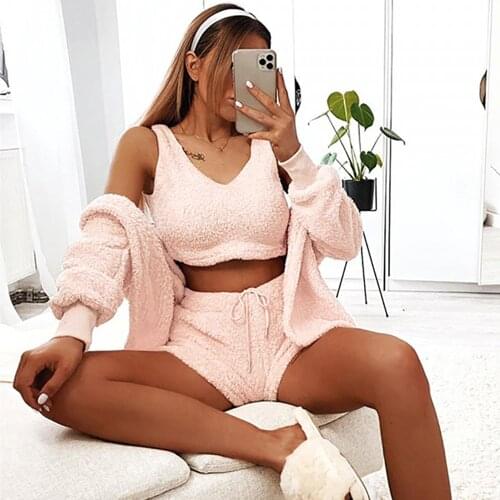 Sale 3 Piece Women Sets Plush Fleece Hooded Cardigan Coat Crop Top Shorts Casual Tracksuit Sports Workout Sweatshirts Set D30