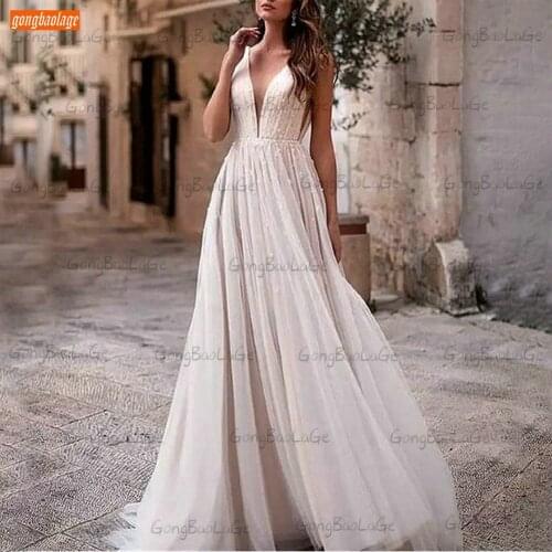 Sexy V Neck Wedding Gown 2021 Backless Robe De Mariée Bohemian Custom Made Abiti Da Sposa Sleeveless Tulle A Line Bridal Dresses