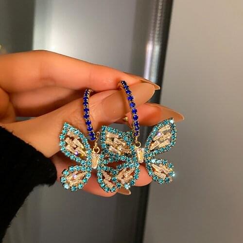 Rhinestones Butterfly Drop Earrings for Women Femme Colorful Crystal Simulation Wing Hook Earrings Oorbellen