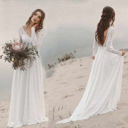Boho Beach Open Back Wedding Dress Lace Long Sleeves Wedding Gowns Simple A Line Chiffon Bride Wedding Dress vestido de noiva