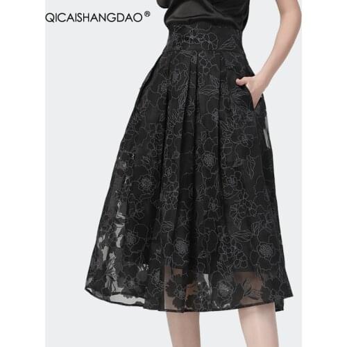 Vintage Black Floral Organza Skirt Women High Waist A-Line Pleated Midi Skirts See Through Big Swing Side Pockets Office Bottoms