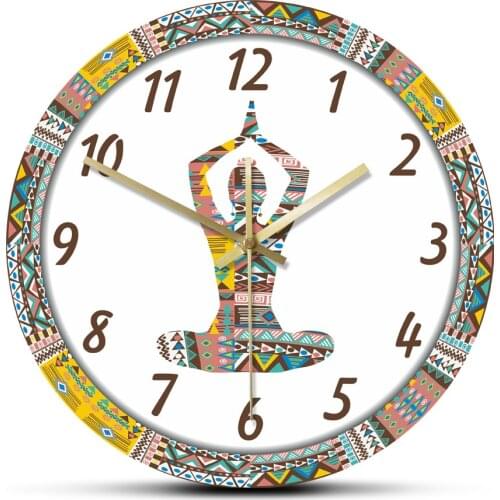 Yoga Woman with Ethnic Decorative Pattern Silent Movement Wall Clock Mandala Meditation Sport Large Acrylic Wall Hanging Watch