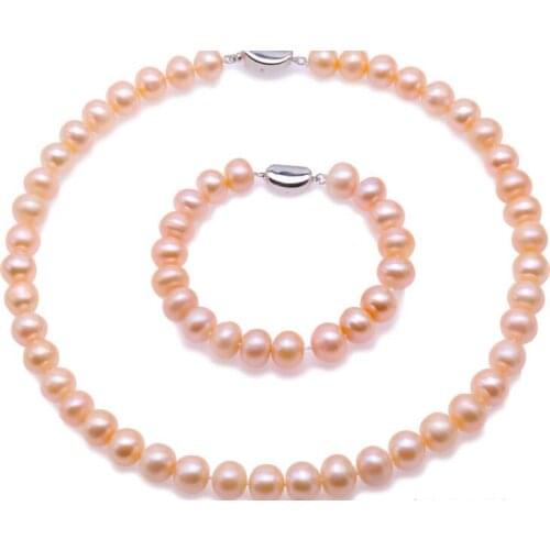 10mm pink pearl Women Jewelry set necklace bracelet AAA Cultured freshwater pearl