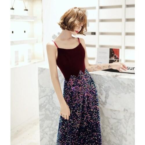 Popular Spaghetti Straps Velvet Sequins Evening Gown Lace Up Back A-line Long Prom Dress Custom Made