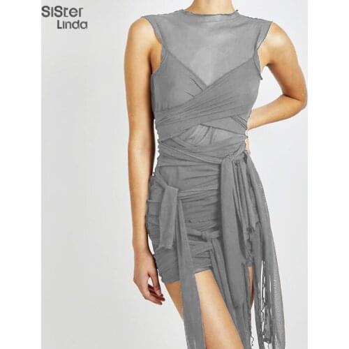 Chic See-Through Multilayer Mesh Sexy Lace Up Bodycon Mini Dresses Women Birthday Clothing Lady Sling Skinny Stretchy Streetwear