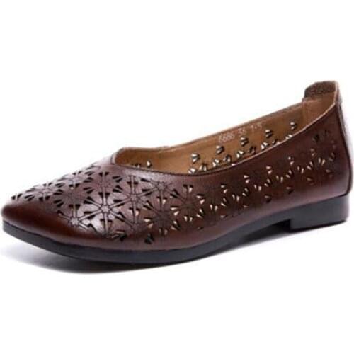 2021 New Spring Summer Hollow Hole Shoes Breathable Full Genuine Leather Shoes Flat Sandals Square Toe Comfort Soft Sole Flats