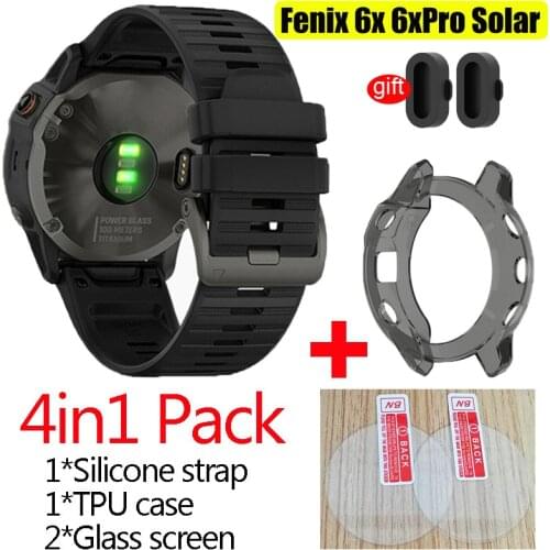 4in1 Watchband For Garmin Fenix 6 6X Pro solar Silicone Band Watch Wrist Strap for fenix 6X glass screen protector case cover
