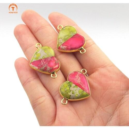 5pcs Fashion Natural Emperor Stone Heart Shaped Pendants Gold Diplopore Connector Charm Woman Jewelry Necklace Bracelet Making