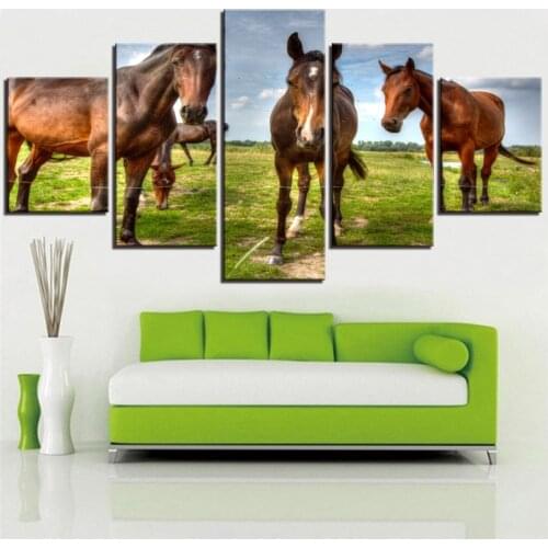 5 Pieces Horses Canvas Painting Animals Posters Grassland Wallpapers Nature Pictures For Home Room Decor Artwork Landscape Frame