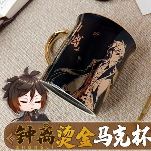 Anime Genshin Impact Liyue Harbor Zhongli Cartoon Ceramic Coffee Water Mug Cup Japanese Gold Stamping Creative Xmas Gifts Prop