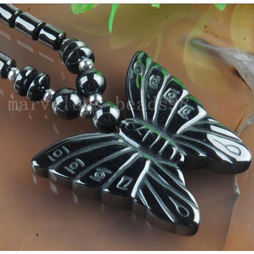 Free shiping Fashion Jewelry Pretty Black Hematite Beads Multicolor Butterfly Necklace Charm 18 1/2 " G5055