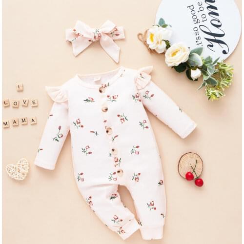 Princess Floral Infant Baby Long Sleeve Romper with Headband Kids Flower Print Ruffle Cotton Jumpsuit+Hairband for Spring Fall