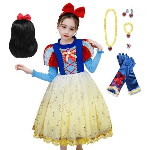Snow White Costume Bow Kids Puff Sleeve Mesh Ball Gown Girl Princess Cosplay Party Dress Children Clothing From 2 To 10 Years