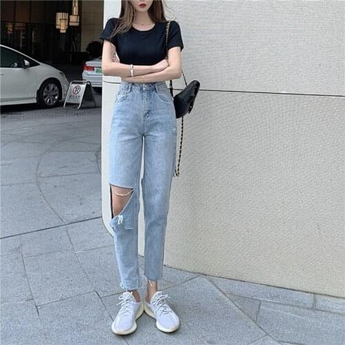 Varofi Light color large size torn jeans for women summer 2021 new thin, high-waisted, slim straight baggy pants