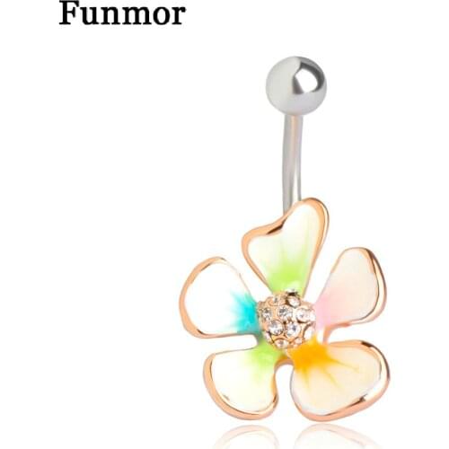 Gold Navel Ring Enamel Esmalte Crystal Body Feminino Umbigo Body Piercing Flower Helix Surgical Steel Jewelry Tunnels Belly Ring