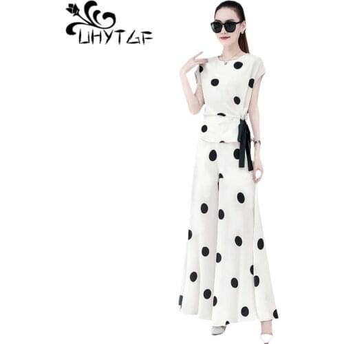 UHYTGF 2 piece set women fashion chiffon polka dot Split wide leg summer two peice set 2020 casual thin clothes for women 1691