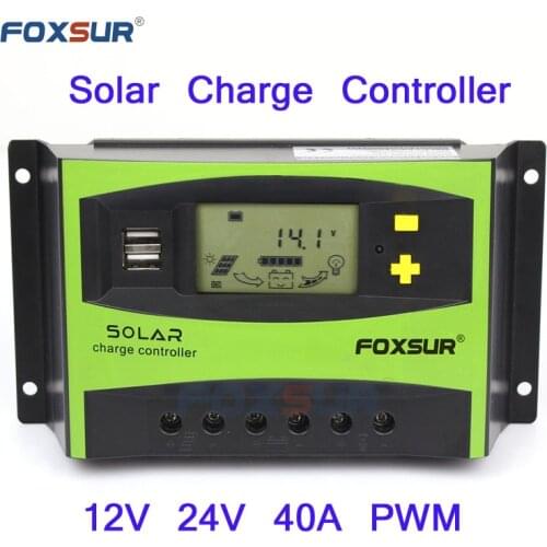 FOXSUR LCD Solar Charge Controller 40A PWM 12V 24V Auto Solar Panel Charging Discharge Regulator with 5V USB