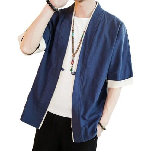 Summer Men Shirt Linen and Spandex Short Sleeve V-Neck Top Blouse Plus Size Men Color Block Short Sleeve Kimono Blouse Coat